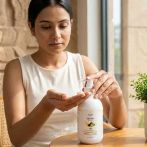 applying shea butter body lotion on skin