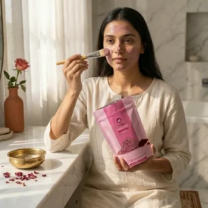 Applying Erika Rose Petal Powder face pack for glowing skin