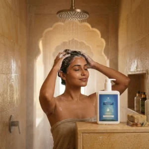 Applying Erika Anti Dandruff Shampoo on scalp for dandruff removal