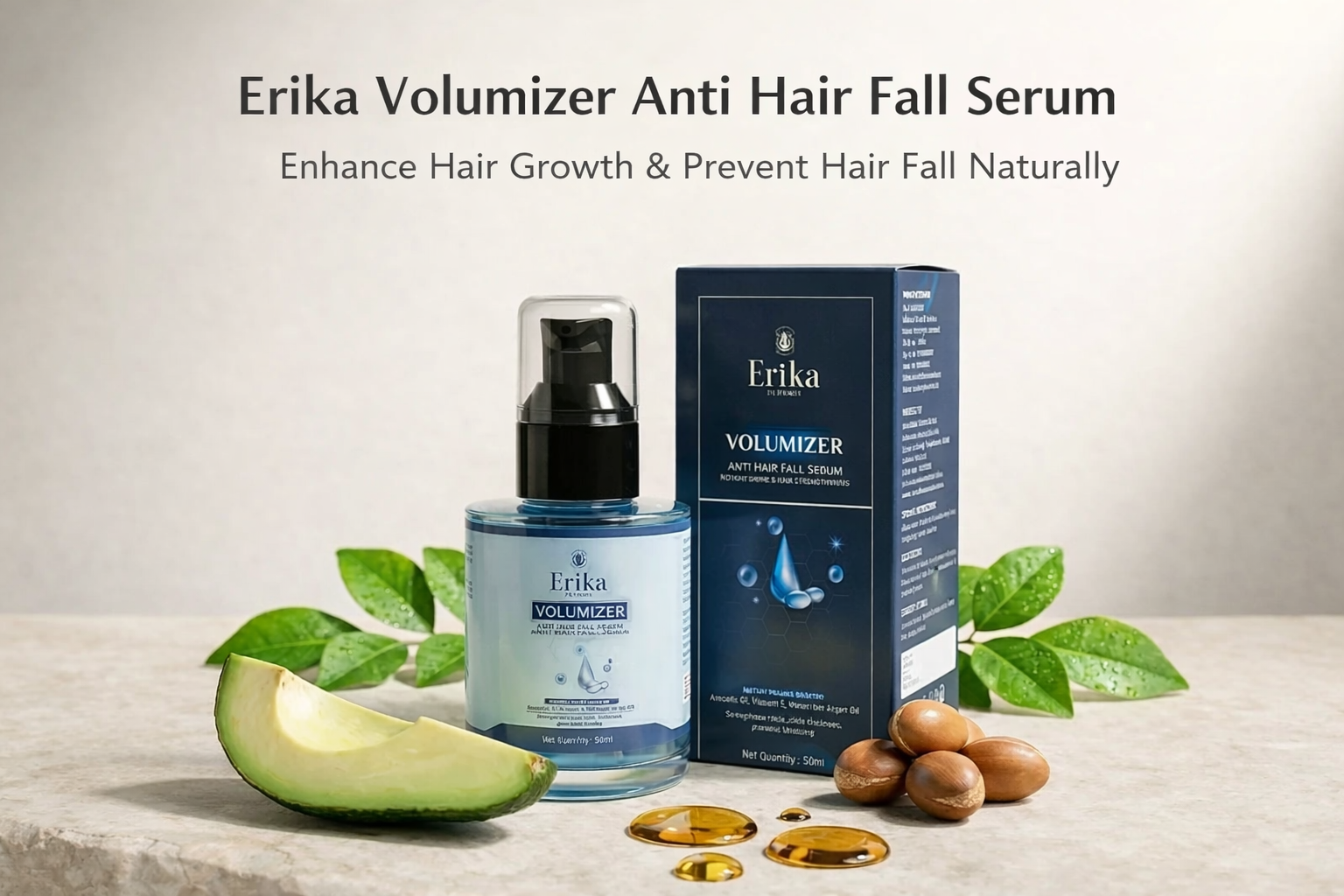 Erika Volumizer Anti Hair Fall Serum bottle with avocado, argan nuts, and natural oil ingredients on a clean background